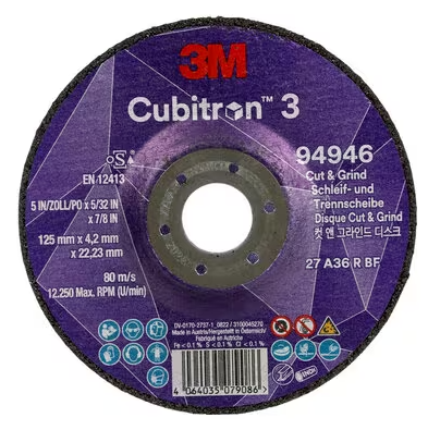 3M™ Cubitron™ 3 Cut and Grind Wheel, 94946, 36+, T27, 125 mm x 4.2 mm x 22.23 mm