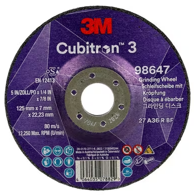 3M™ Cubitron™ 3 Slīpēšanas disks, 98647, 36+, T27, 125 mm x 7 mm x 22.23 mm